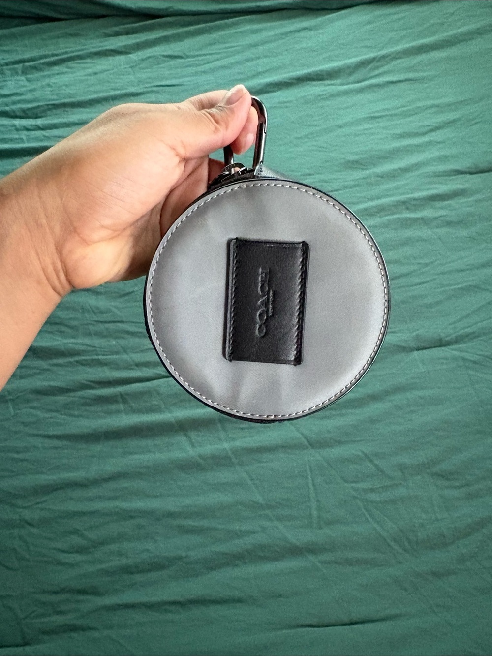 Coach Round Leather Coin Case - Gray with Black Accent